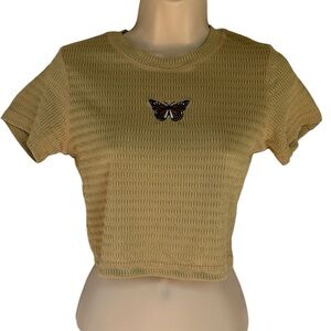 Papaya Womens Crinkle Butterfly Bliss Embroidered Baby Tee Crop Top Size M